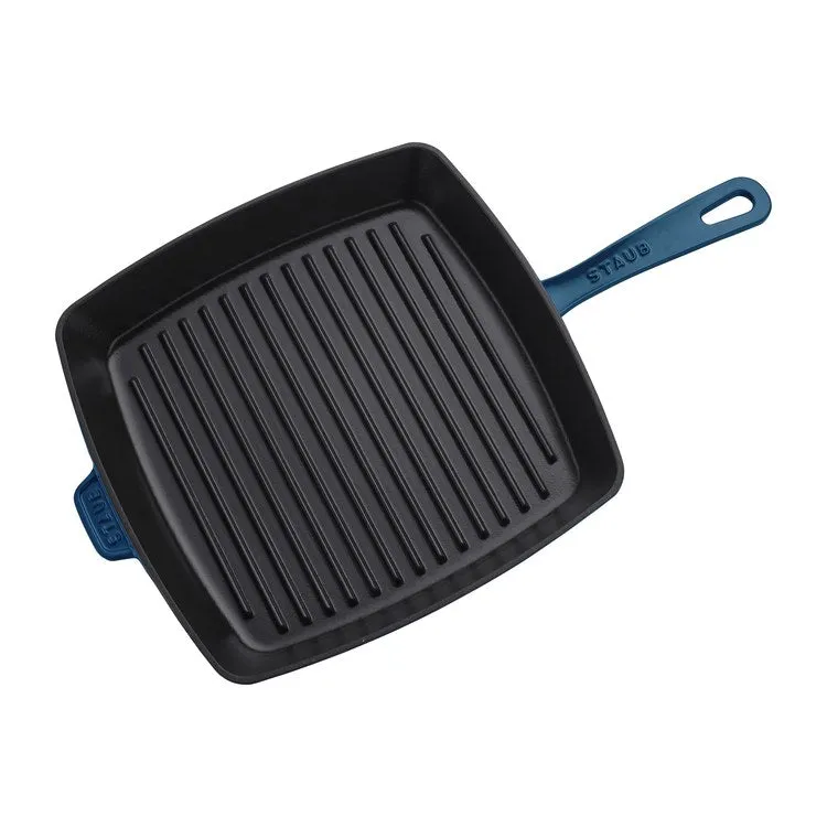 12" Cast Iron Square Grill Pan and Press Set - Dark Blue