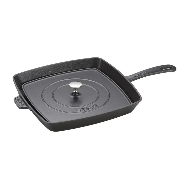 12" Cast Iron Square Grill Pan and Press Set - Matte Black