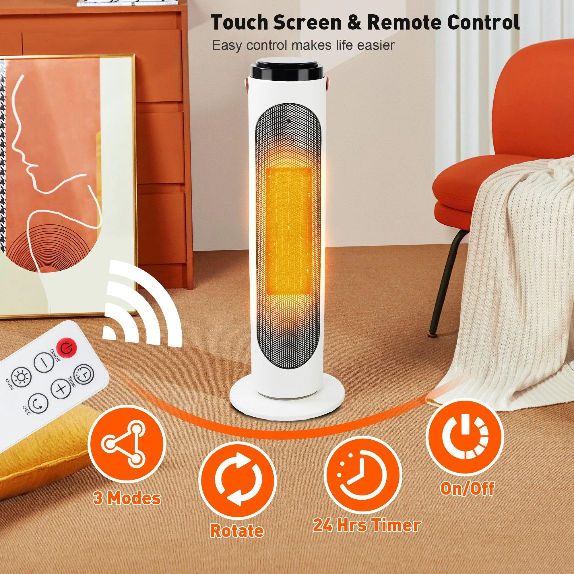 1500W Space Heater with Remote Ceramic Tower Space Heater 3 Modes 24h Timer