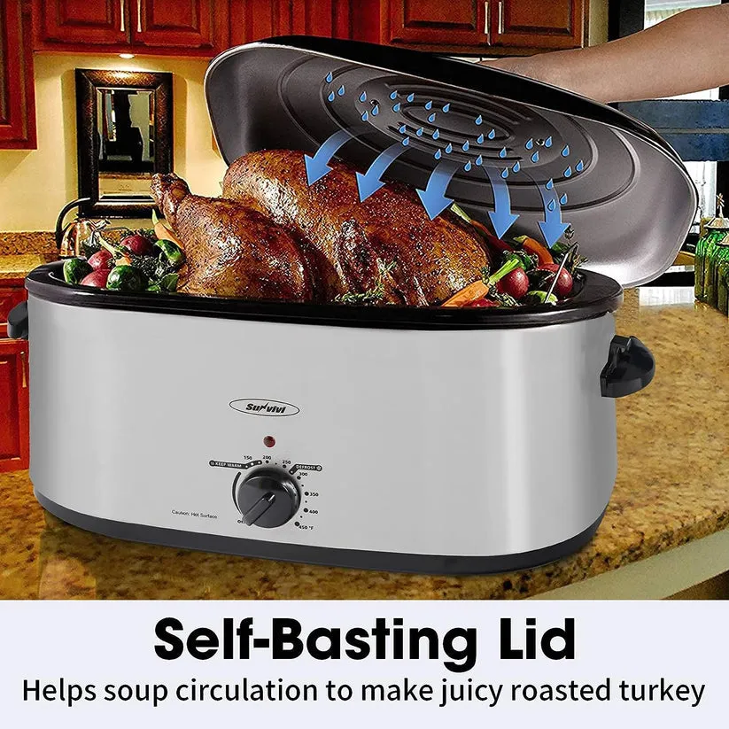 26 Quart Electric Turkey Roaster Oven with Visible Glass Lid,Removable Pan & Rack, Stainless Steel,Silver