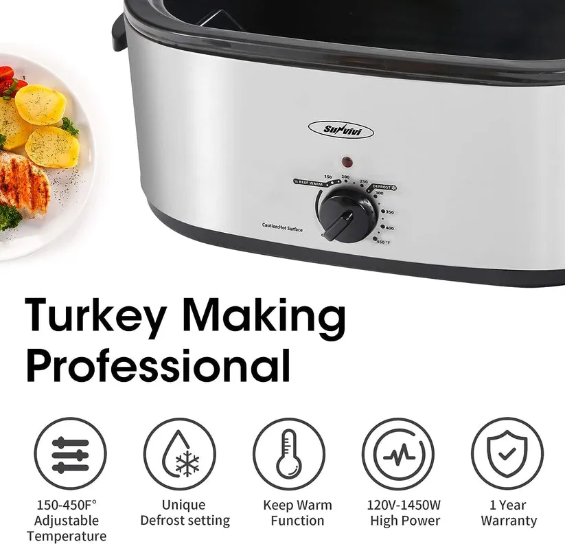 26 Quart Electric Turkey Roaster Oven with Visible Glass Lid,Removable Pan & Rack, Stainless Steel,Silver