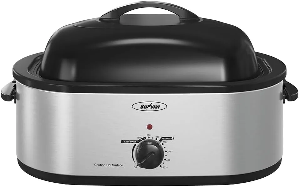 26 Quart Electric Turkey Roaster Oven with Visible Glass Lid,Removable Pan & Rack, Stainless Steel,Silver