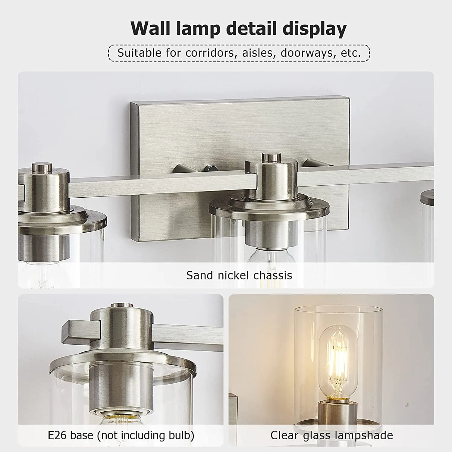 3-Light Brushed Nickel Metal Wall Light with Clear Glass Shade