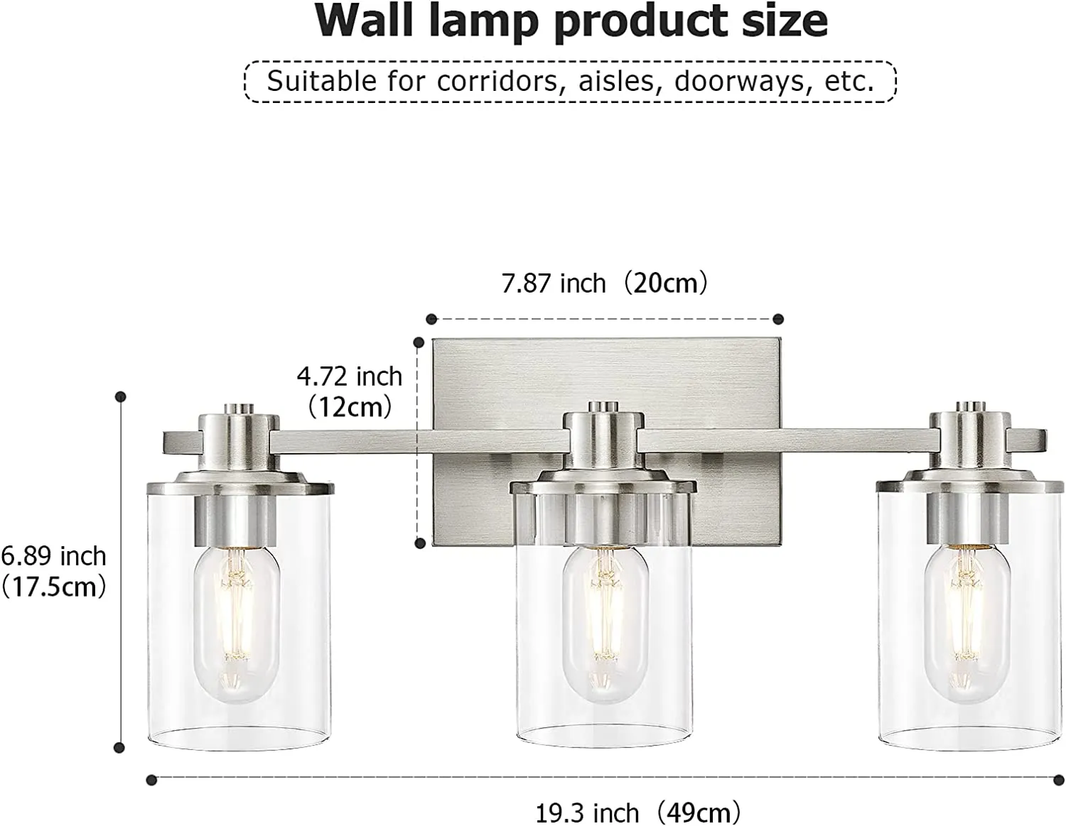 3-Light Brushed Nickel Metal Wall Light with Clear Glass Shade