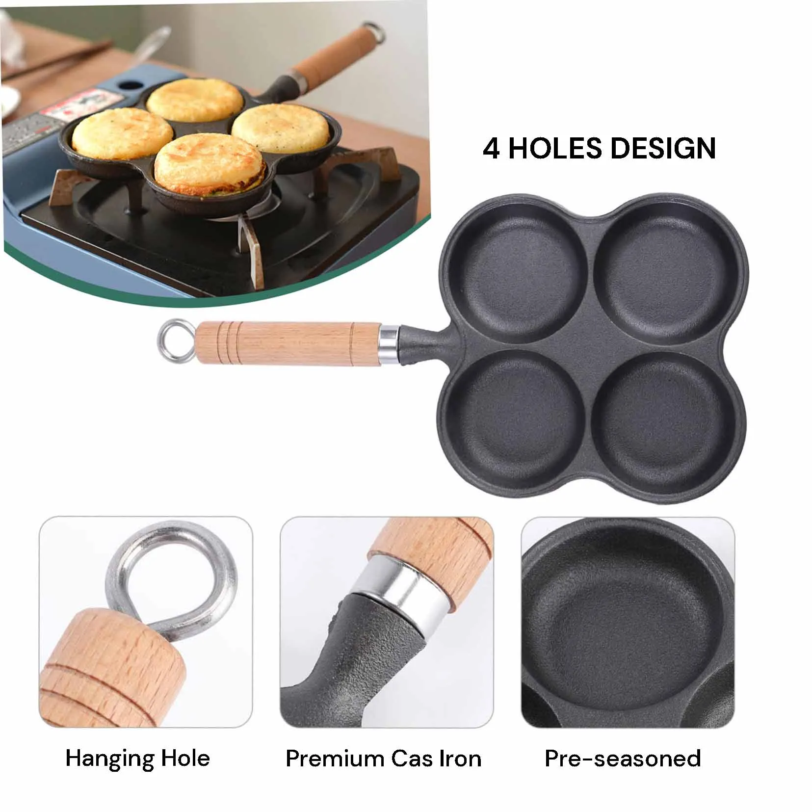 4 Cup Cast Iron Egg Frying Pan Divided Egg Skillet Pan Fried Egg Pan Cooker Pancake Egg Fryer