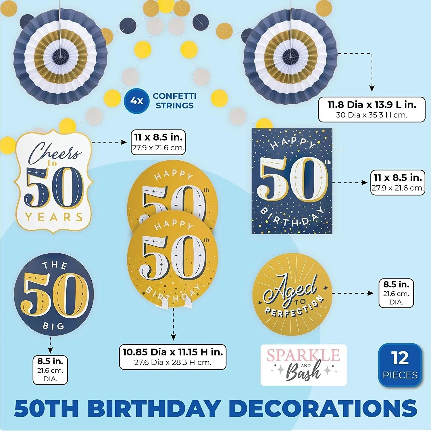 50th Birthday Decorations, Includes Table Centerpieces, Wall Sign, Ceiling Decorations and Confetti String (12 Pieces)