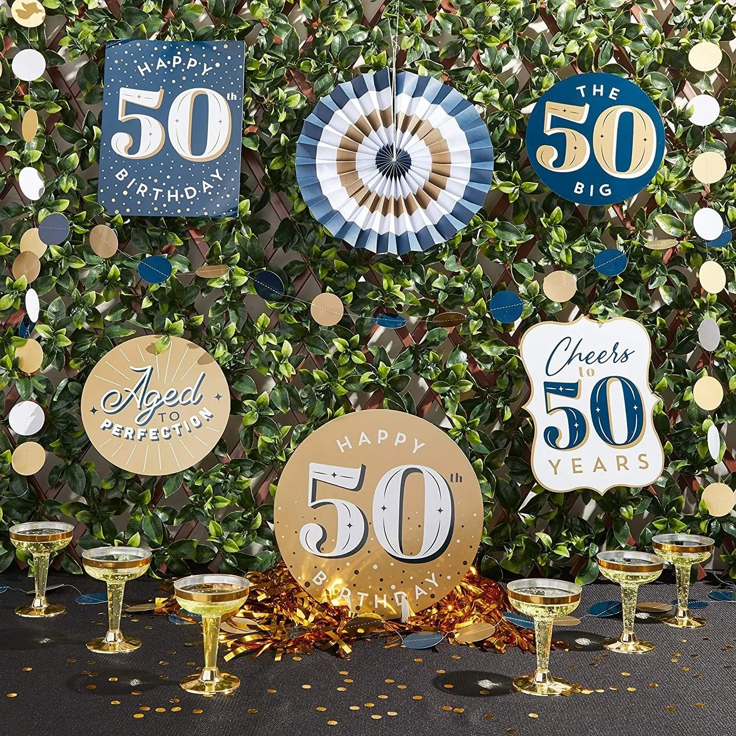 50th Birthday Decorations, Includes Table Centerpieces, Wall Sign, Ceiling Decorations and Confetti String (12 Pieces)