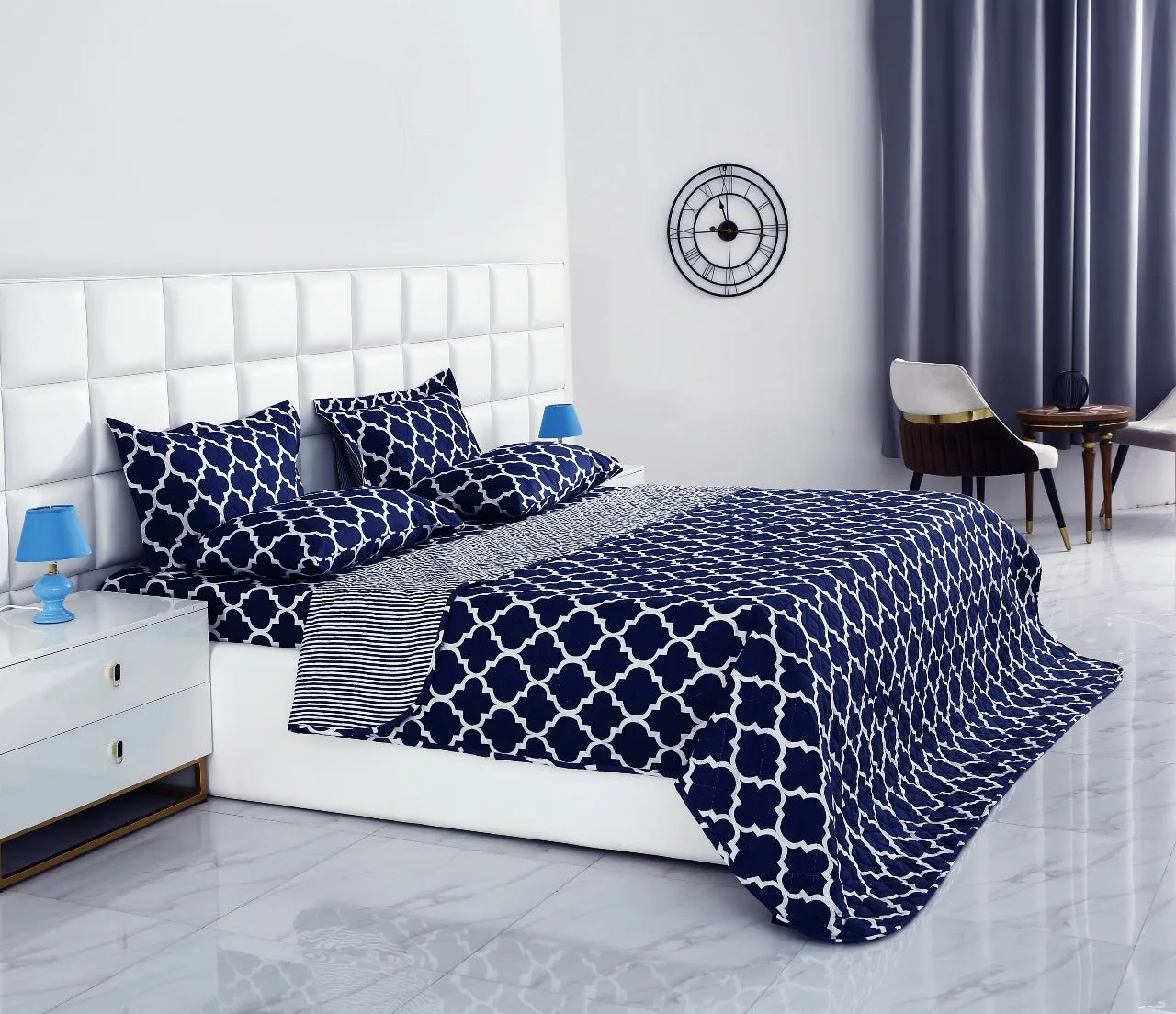 6 PCs Bed Spread Set-Blue Geometric