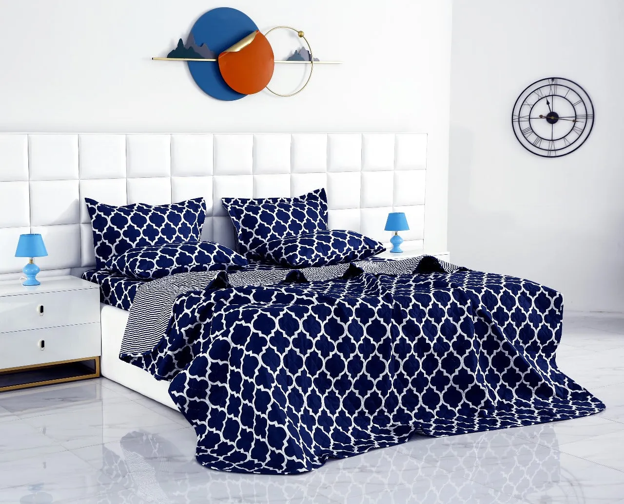 6 PCs Bed Spread Set-Blue Geometric