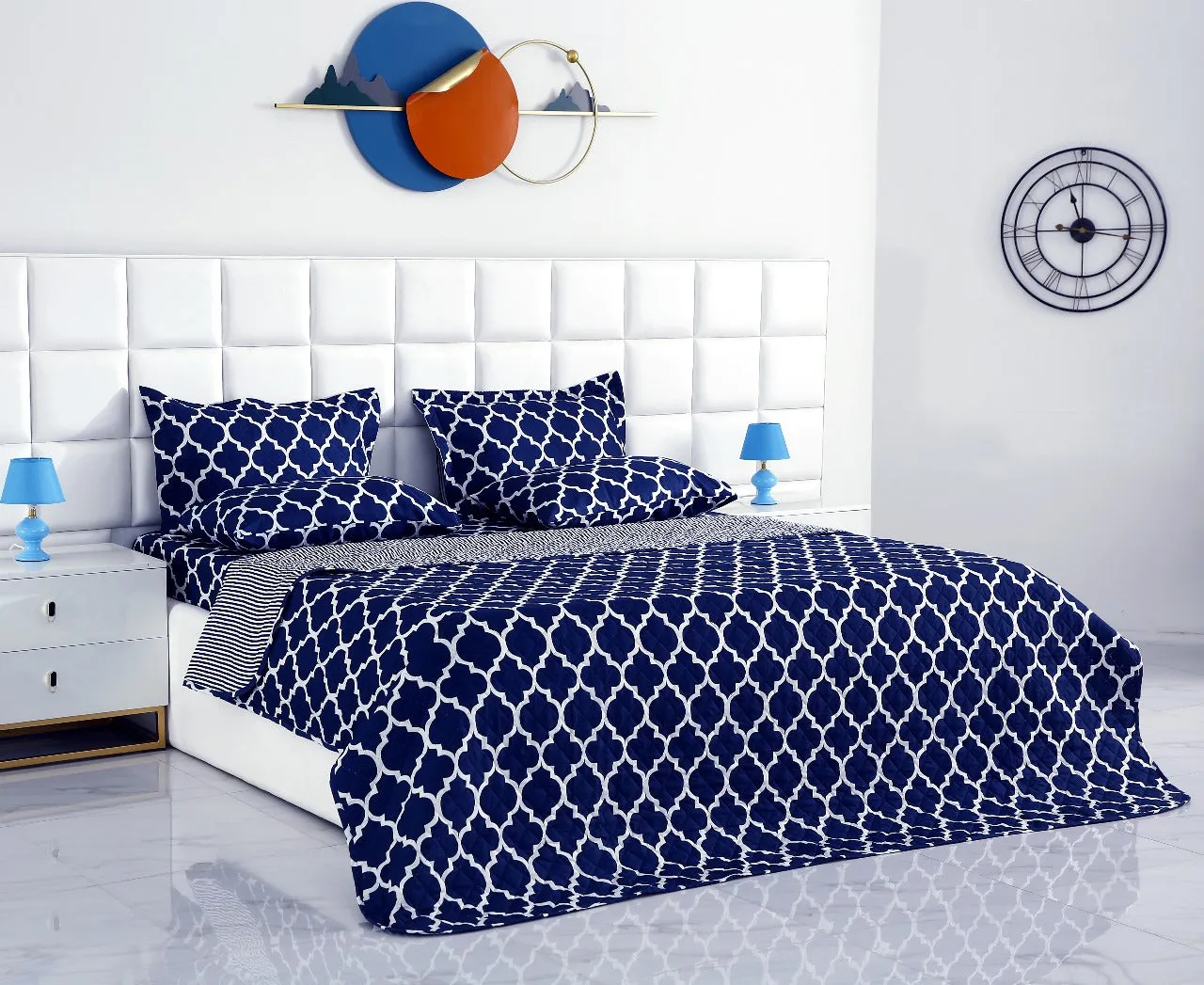 6 PCs Bed Spread Set-Blue Geometric