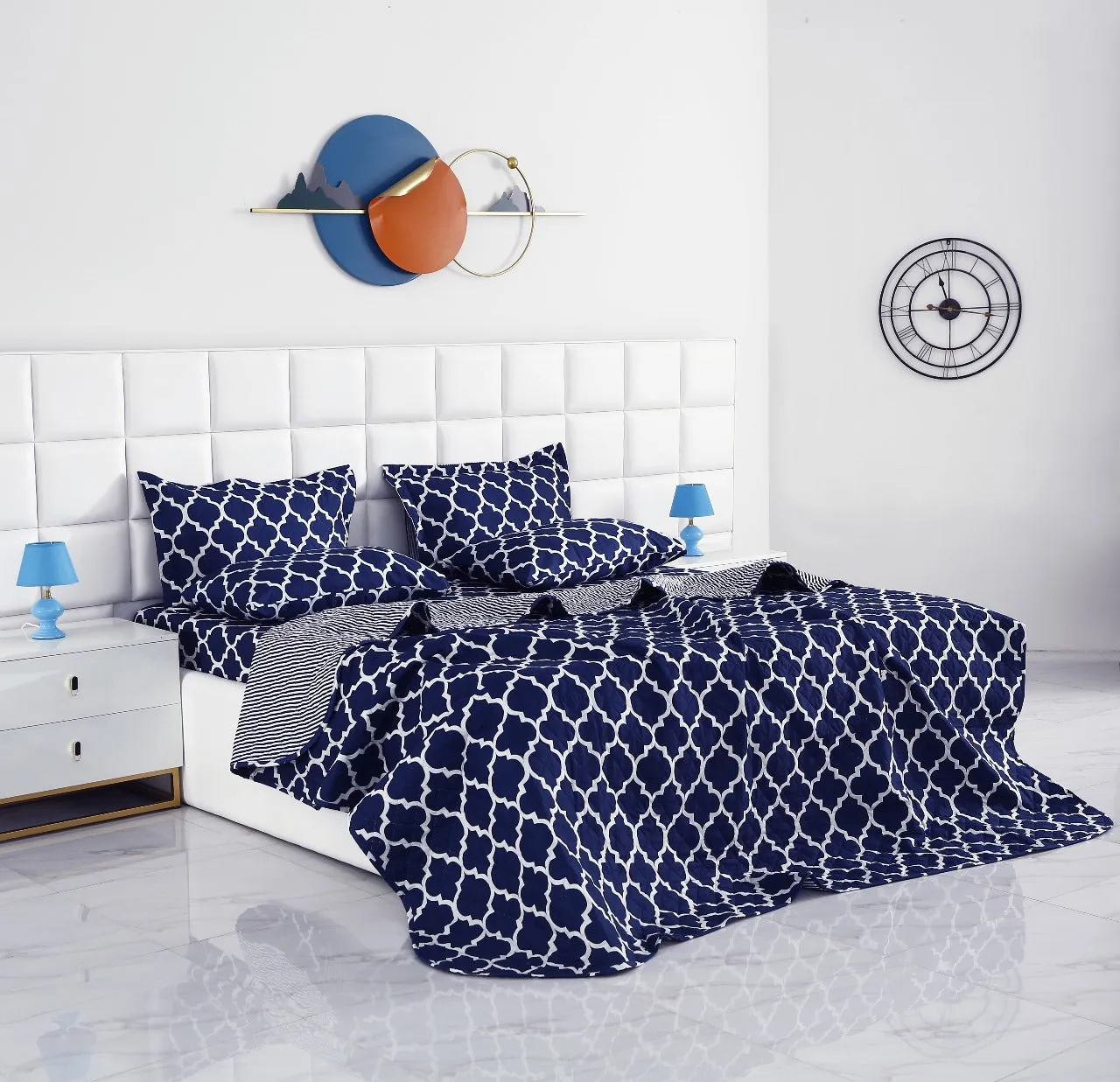 6 PCs Bed Spread Set-Blue Geometric