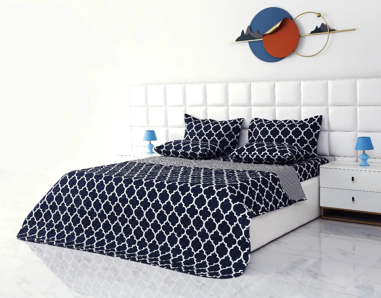 6 PCs Bed Spread Set-Blue Geometric