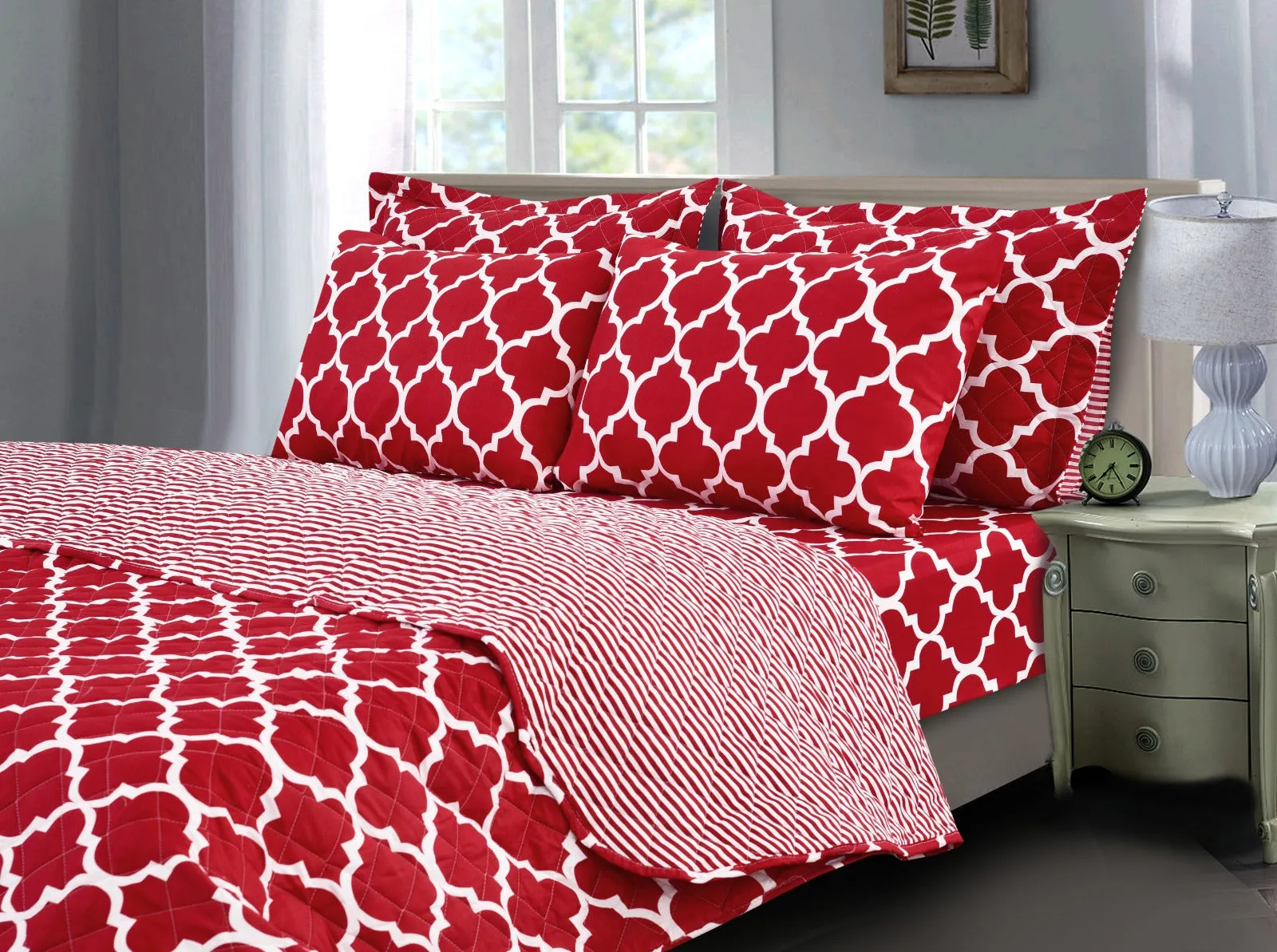 6 PCs Bed Spread Set-Maroon Geometric