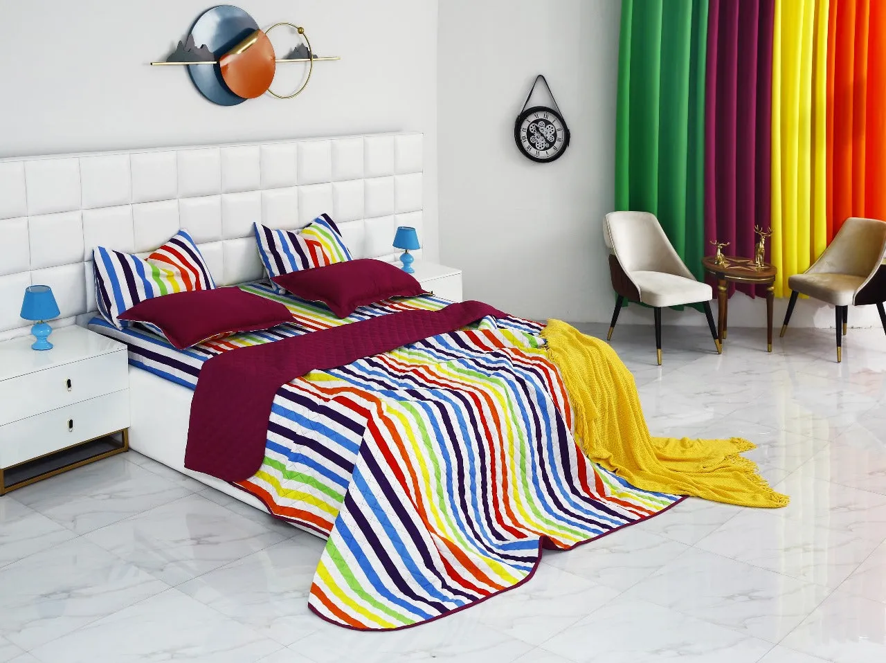 6 PCs Bed Spread Set-Multi Stripe(Plum)