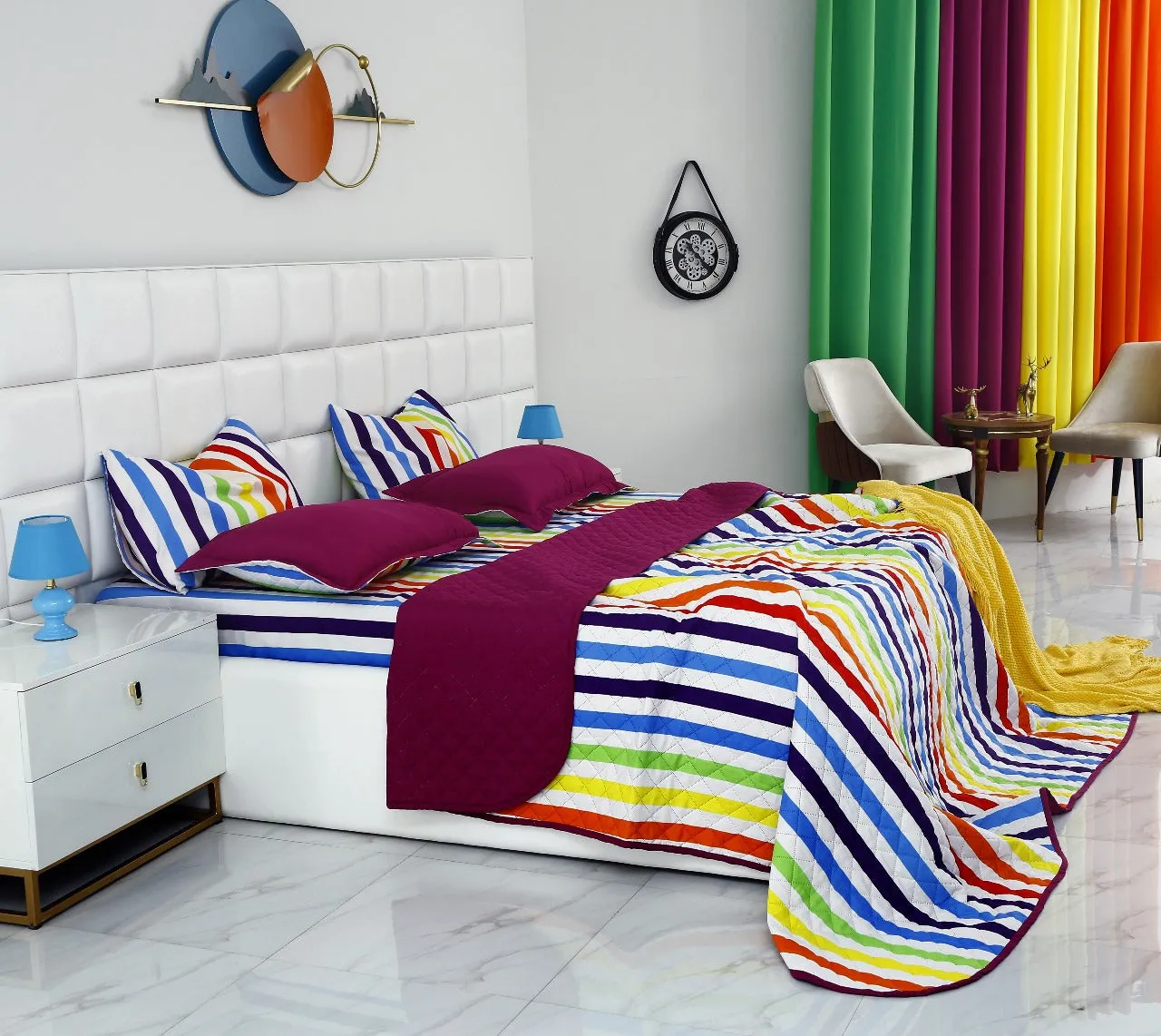 6 PCs Bed Spread Set-Multi Stripe(Plum)