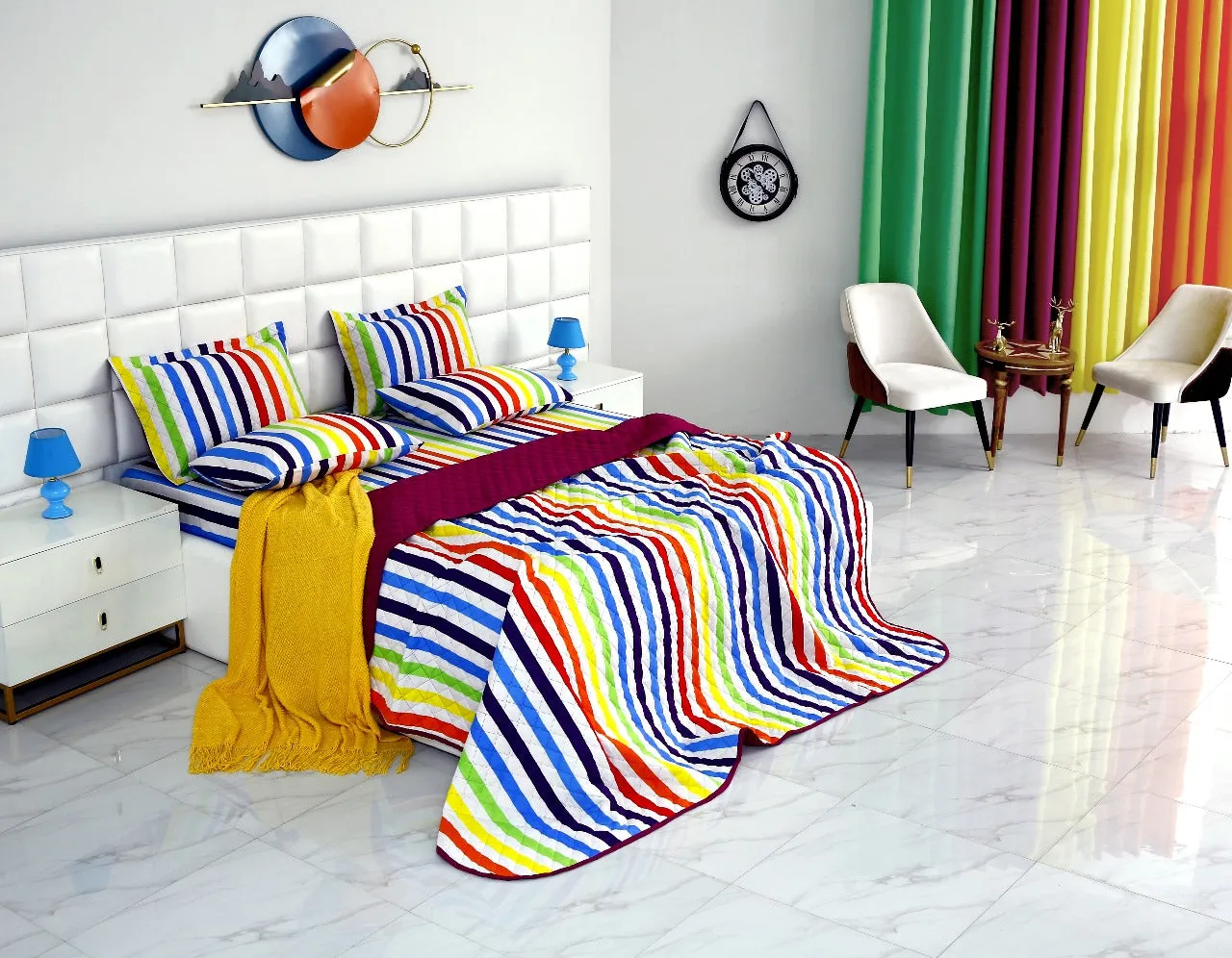 6 PCs Bed Spread Set-Multi Stripe(Plum)