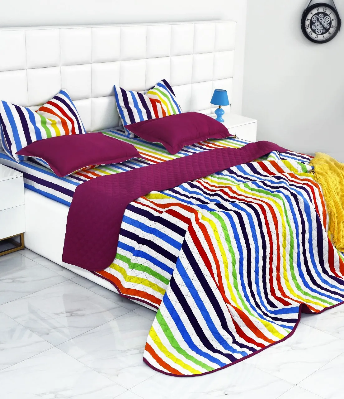 6 PCs Bed Spread Set-Multi Stripe(Plum)