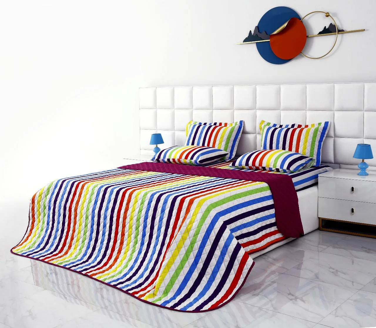 6 PCs Bed Spread Set-Multi Stripe(Plum)