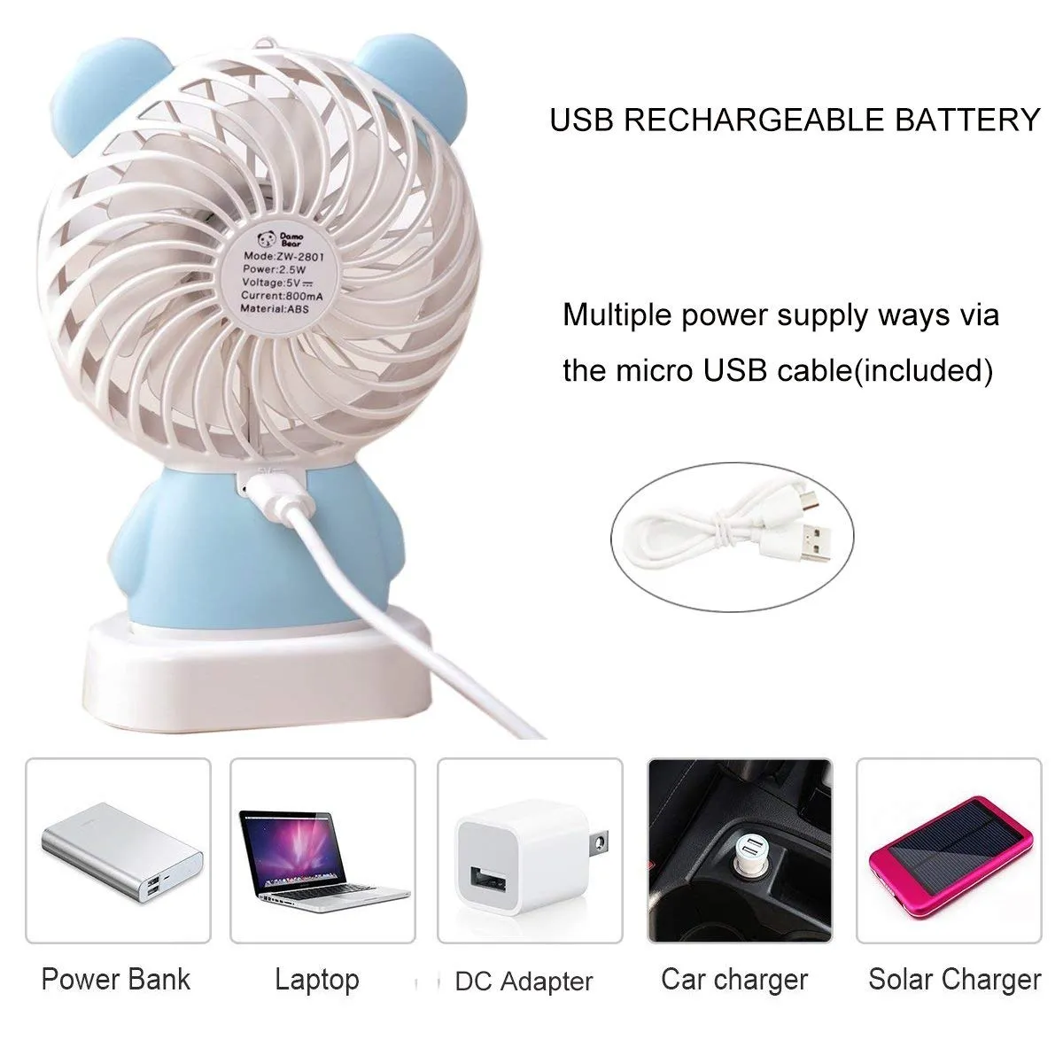 7633 Mini Portable Fan USB Rechargeable Handheld Rabbit Style Color Changing LED Light Pocket Desk Light Fan (Battery Not Include)