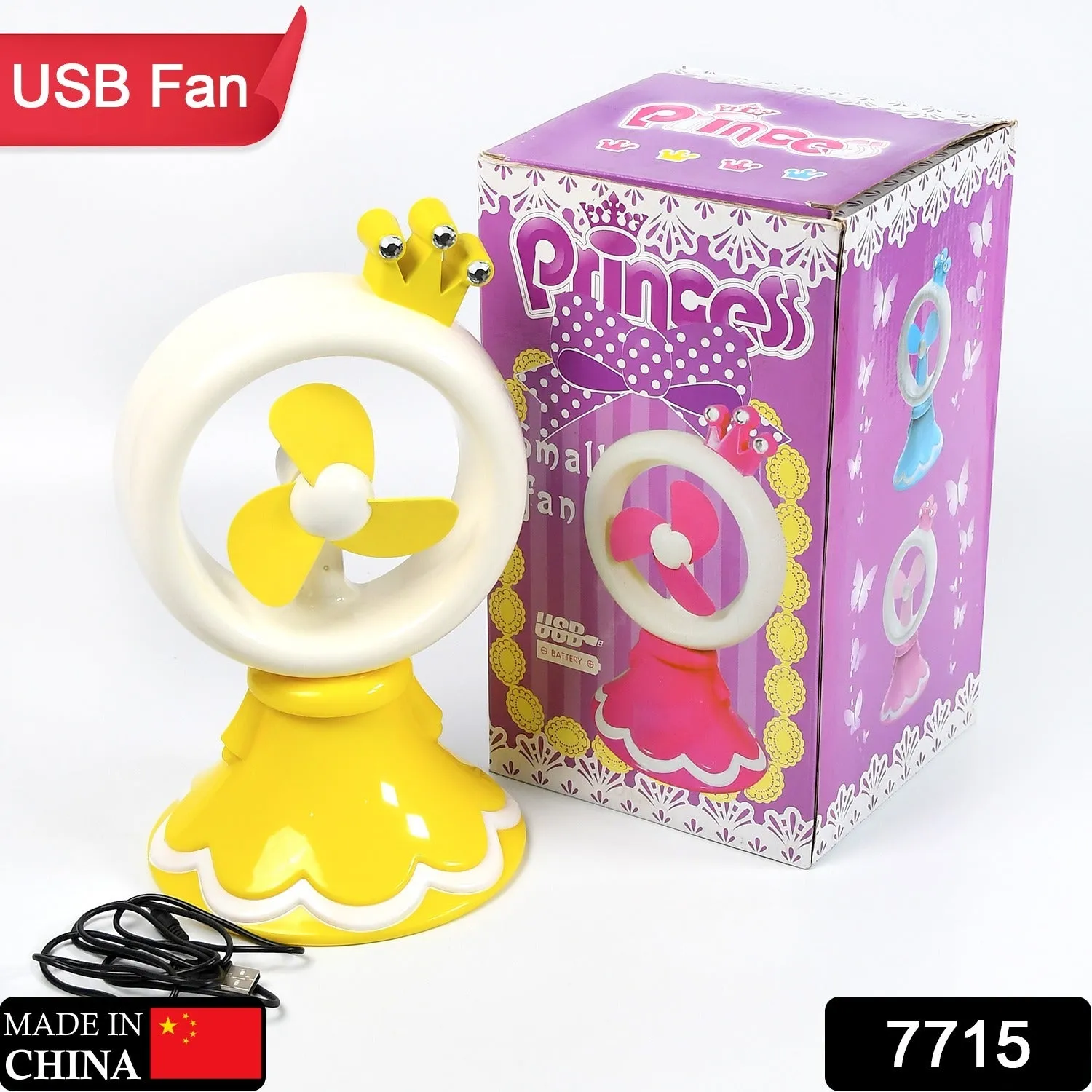 7715 PRINCESS PORTABLE FAN BRIGHT COLOR DESKTOP OFFICE USB & BATTRY OPERATE FAN (Battery Not Include)