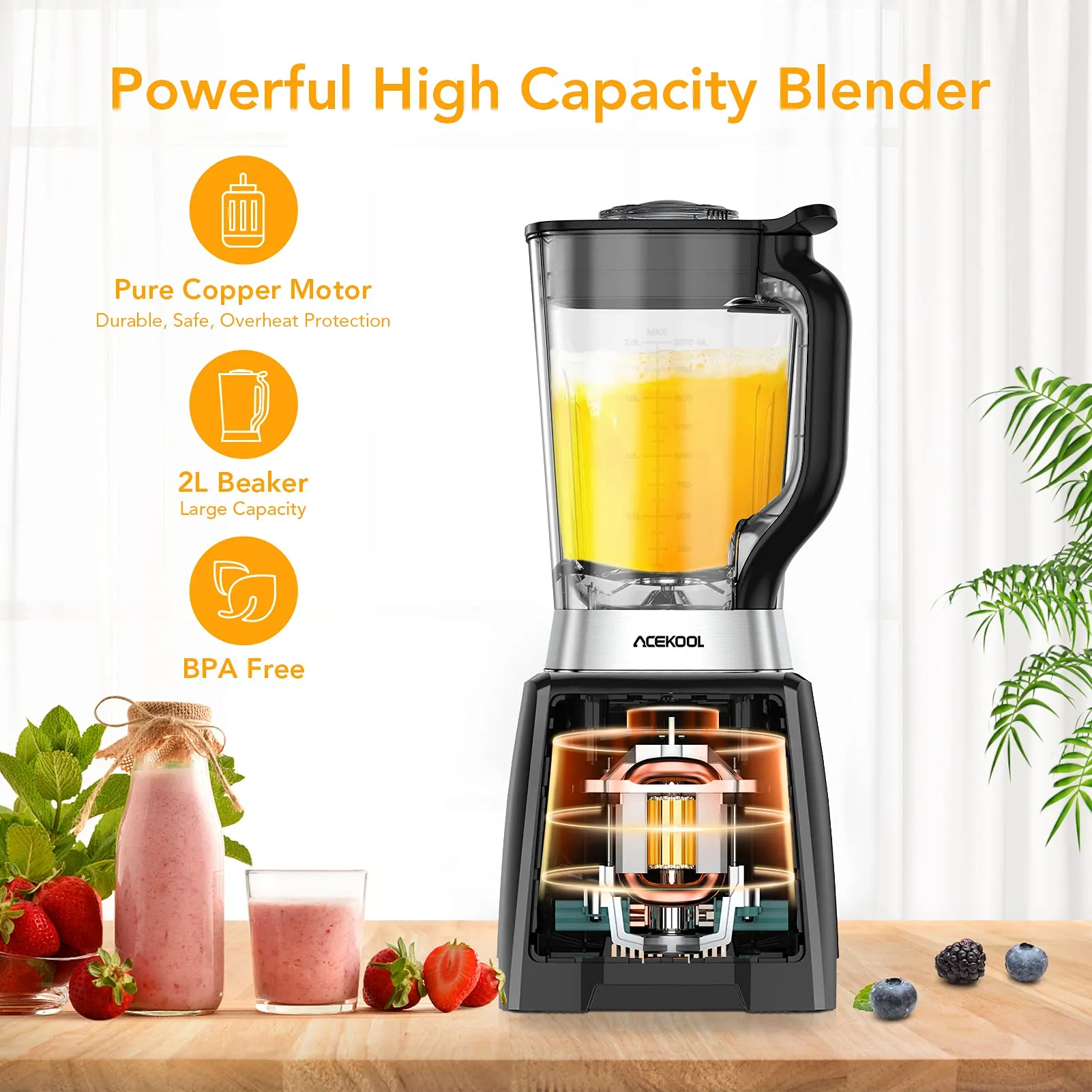 ACEKOOL Blender BC2 1450W 2L Smoothie Blender with Pitcher UK Plug