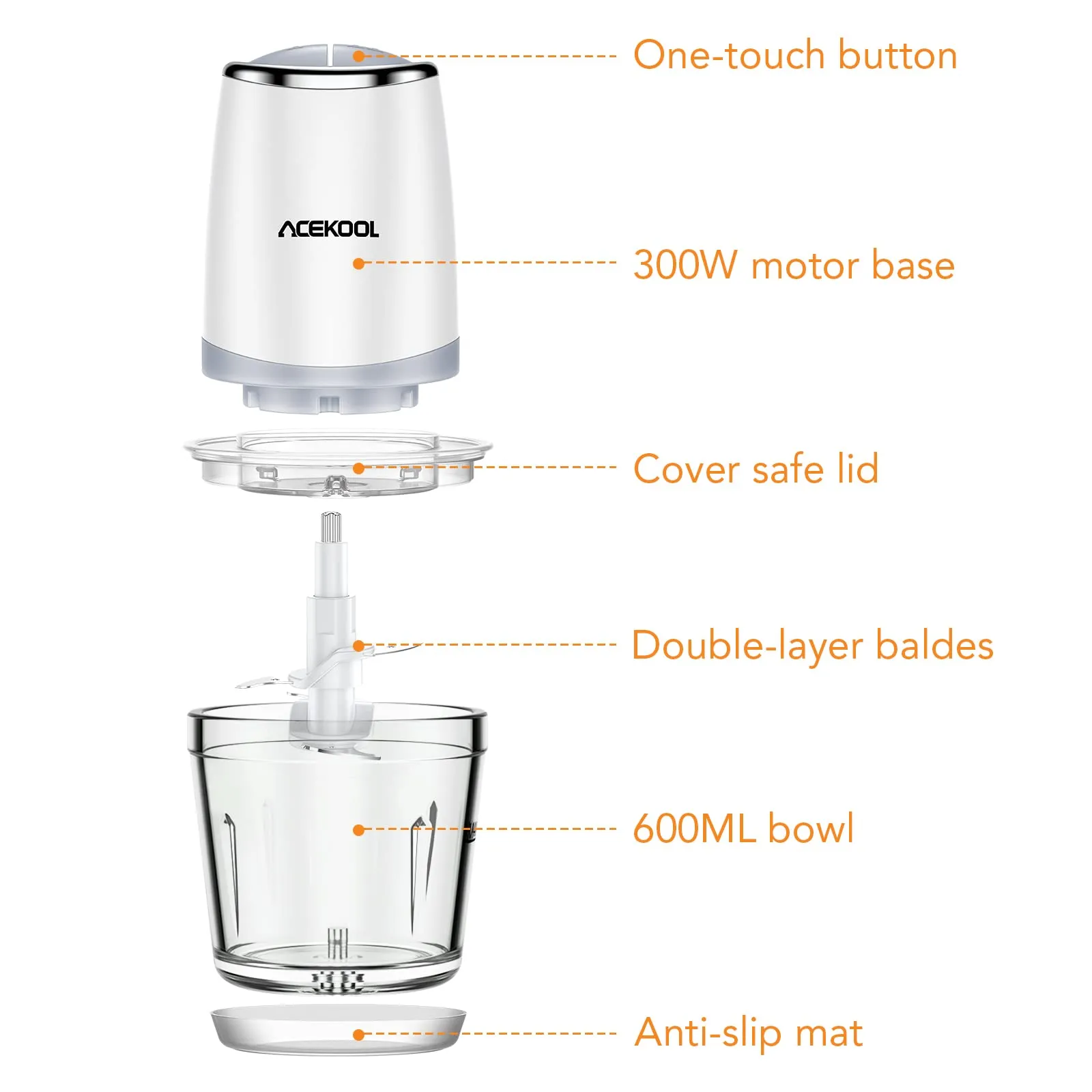 ACEKOOL Blender BC7 600mL Mini Food Processor for Vegetables Meat Fruits