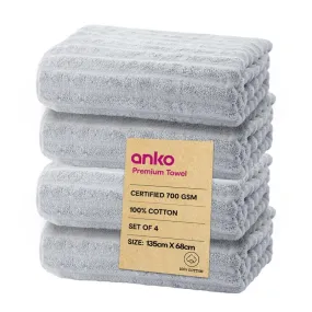 Anko Australia 100% Cotton 700 GSM Large Ribbed Bath Towel | Set of 4 | Super-Soft, Absorbent, Quick-Drying | Grey Towel for Men, Women & Kids | 135x68 cm |Travel, Gym, Spa Towel