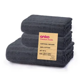 Anko Australia 100% Cotton 700 GSM Ribbed Towel Set | 1 Bath Towel, 2 Hand Towels | Super-Soft, Absorbent, Quick-Drying | Dark Grey Cotton Towels for Bath, Travel & Gym | 135x68cm & 60x40cm