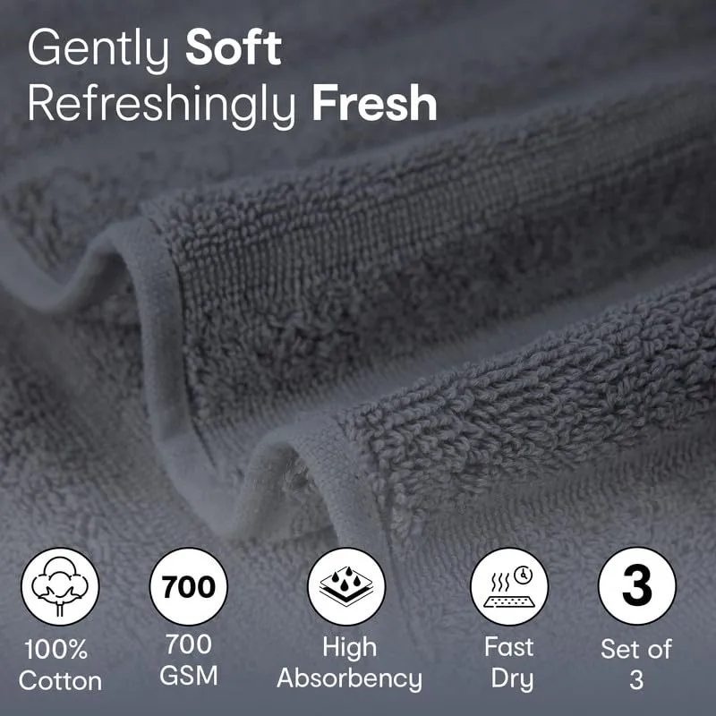 Anko Australia 100% Cotton 700 GSM Ribbed Towel Set | 1 Bath Towel, 2 Hand Towels | Super-Soft, Absorbent, Quick-Drying | Dark Grey Cotton Towels for Bath, Travel & Gym | 135x68cm & 60x40cm