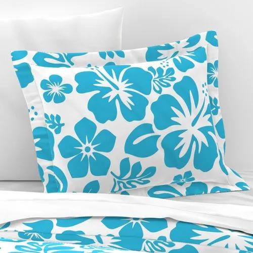 Aqua Ocean Blue and White Hawaiian Hibiscus Flowers Pillow Sham