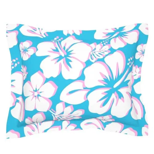 Aqua Ocean Blue, White and Pink Hawaiian Hibiscus Flowers Pillow Sham