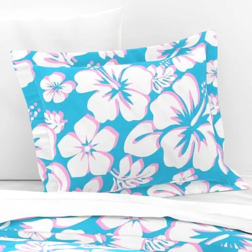 Aqua Ocean Blue, White and Pink Hawaiian Hibiscus Flowers Pillow Sham