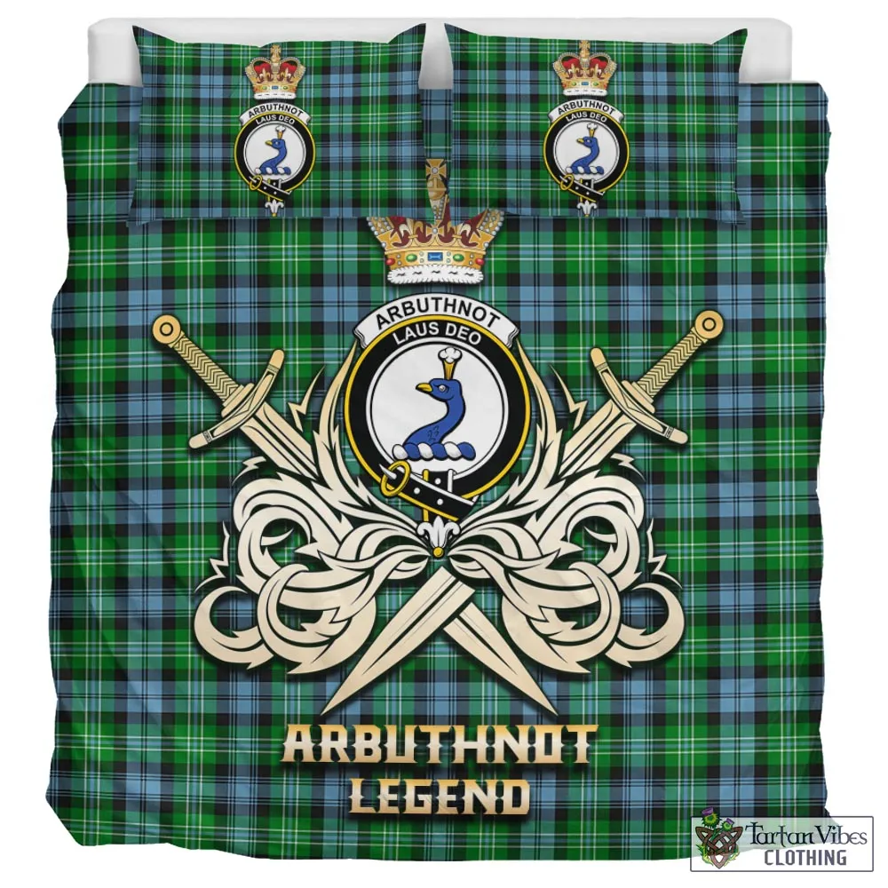 Arbuthnot Ancient Tartan Bedding Set with Clan Crest and the Golden Sword of Courageous Legacy