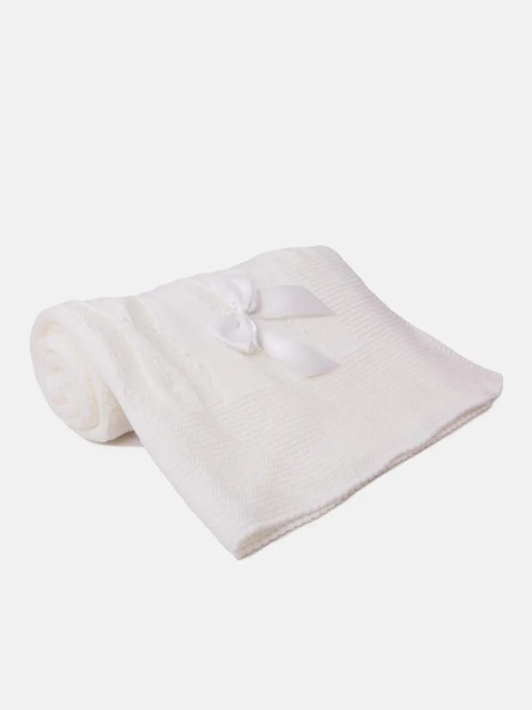 Baby Spanish Delicate Knitted Blanket with Bow - White