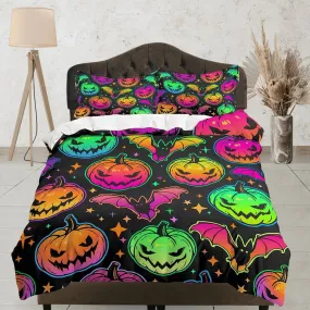 Bat and pumpkin colorful halloween bedding & pillowcase, gothic duvet cover, dorm bedding, goth decor toddler bedding, halloween gift