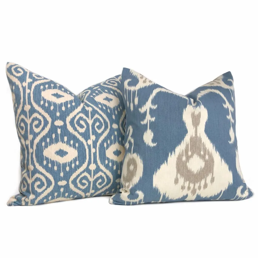 Batam Blue Cream Taupe  Ikat Cotton Print Pillow Cover