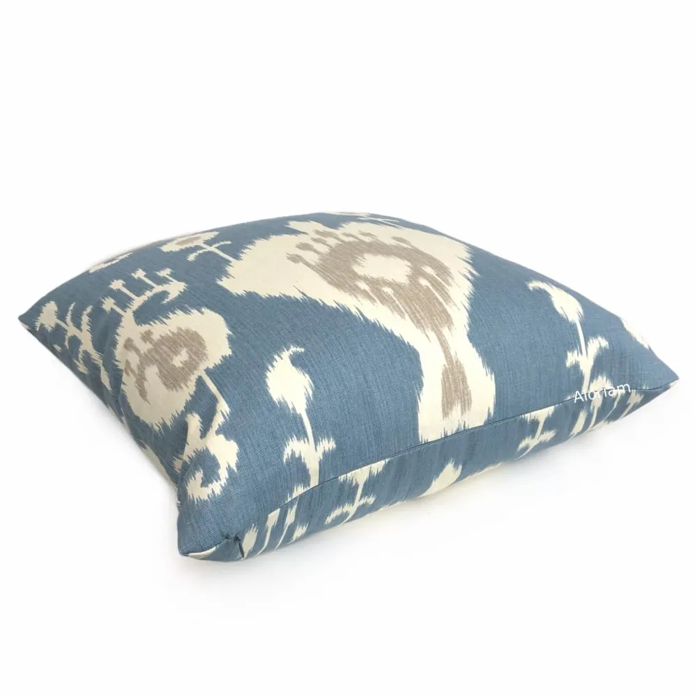 Batam Blue Cream Taupe  Ikat Cotton Print Pillow Cover