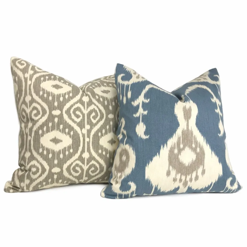 Batam Blue Cream Taupe  Ikat Cotton Print Pillow Cover