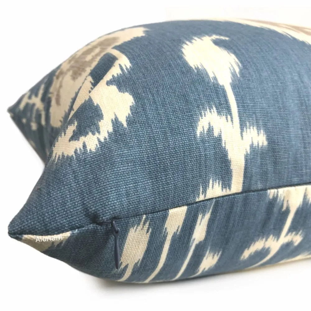 Batam Blue Cream Taupe  Ikat Cotton Print Pillow Cover