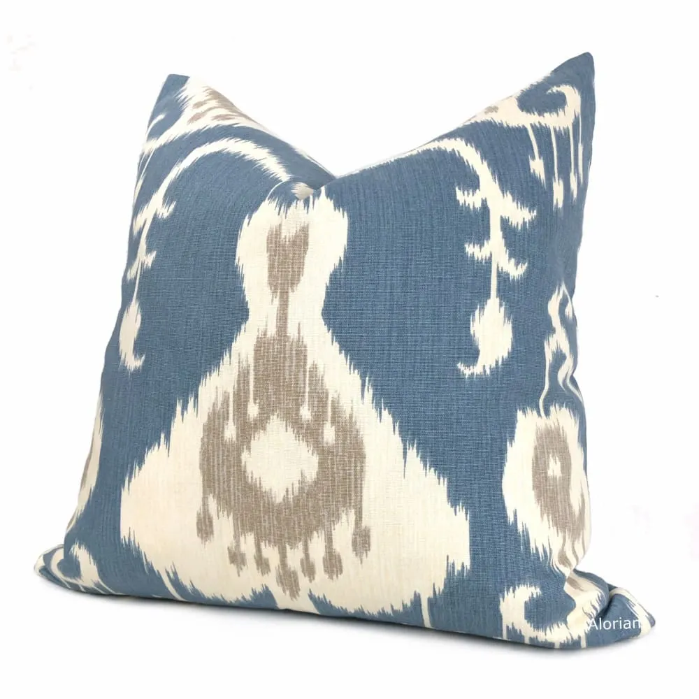 Batam Blue Cream Taupe  Ikat Cotton Print Pillow Cover