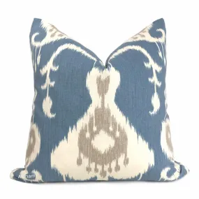 Batam Blue Cream Taupe  Ikat Cotton Print Pillow Cover