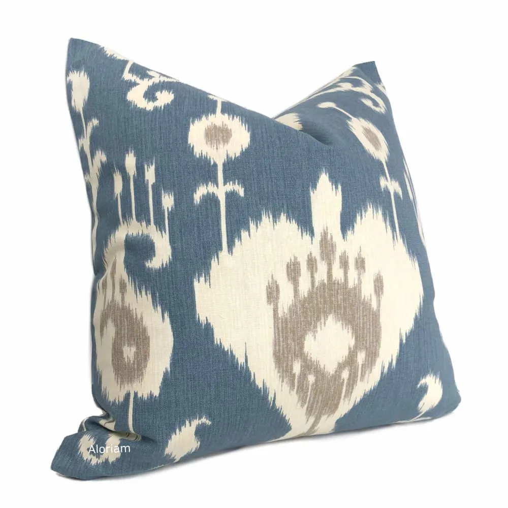 Batam Blue Cream Taupe  Ikat Cotton Print Pillow Cover