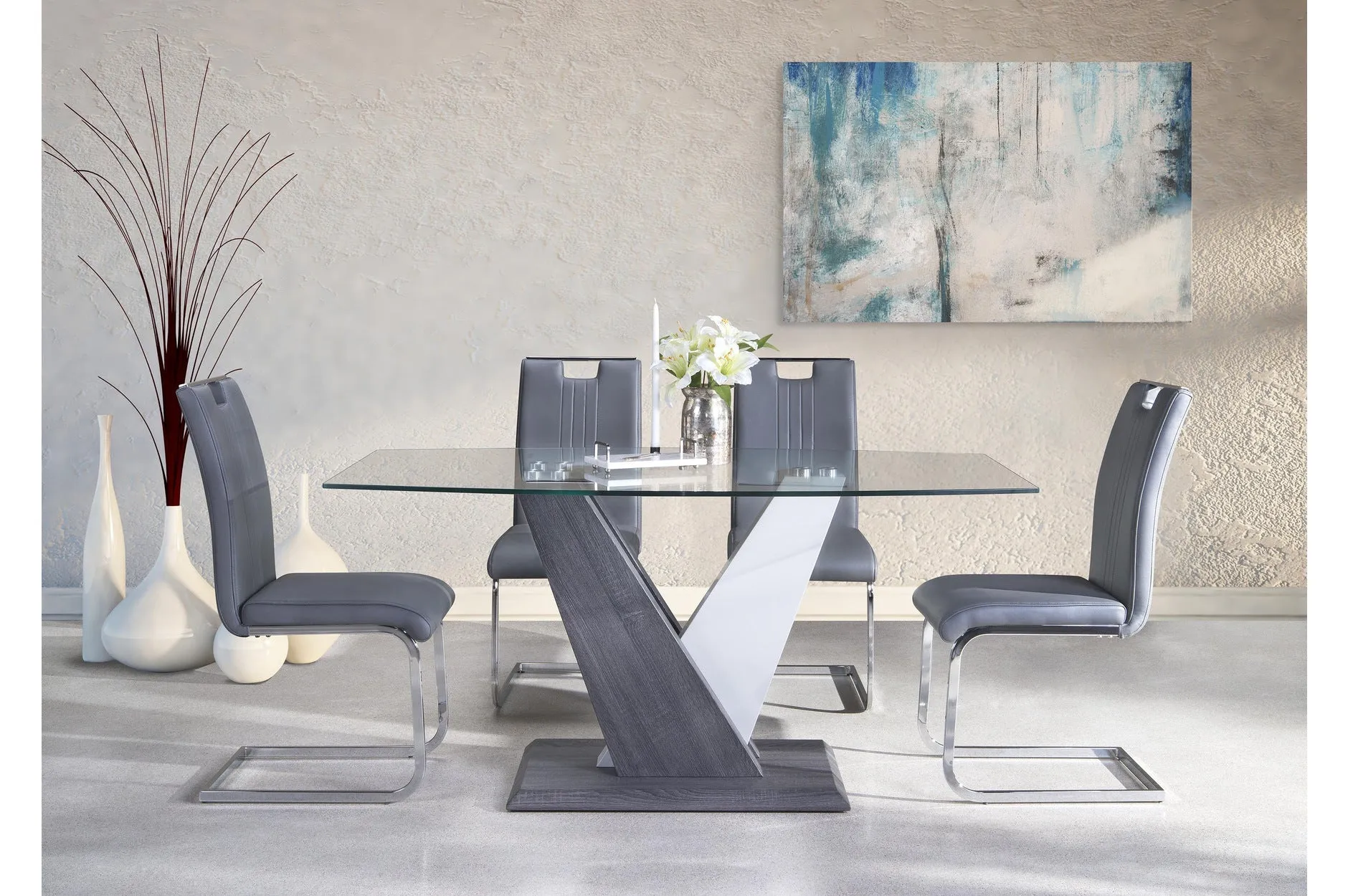 Baxter Pedestal 5 Piece Dining Set with Grey Zane Chairs