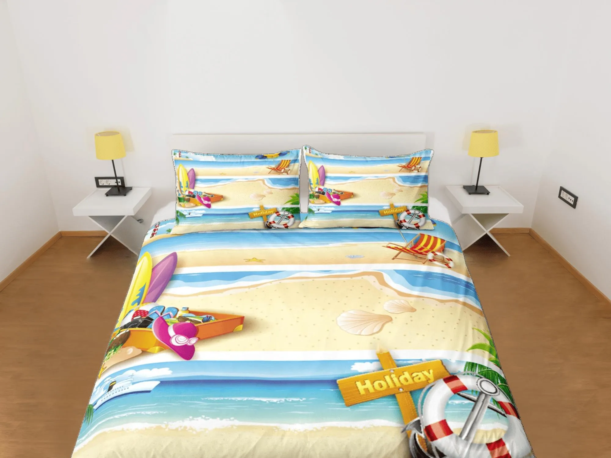 Beach summer holiday coastal grandma duvet cover nautical bedding set full queen king, aesthetic beach room decor, ocean lover gift seaman