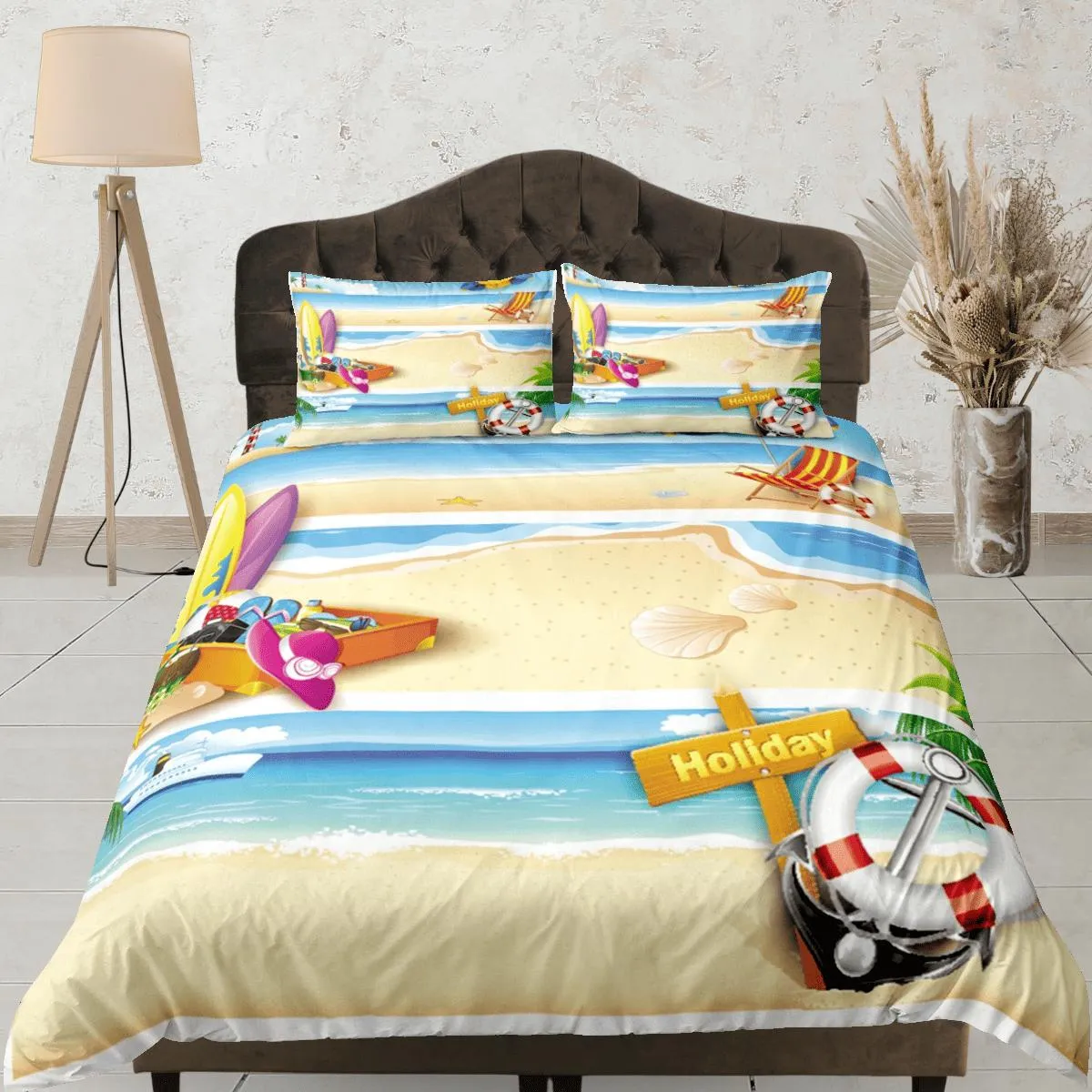 Beach summer holiday coastal grandma duvet cover nautical bedding set full queen king, aesthetic beach room decor, ocean lover gift seaman