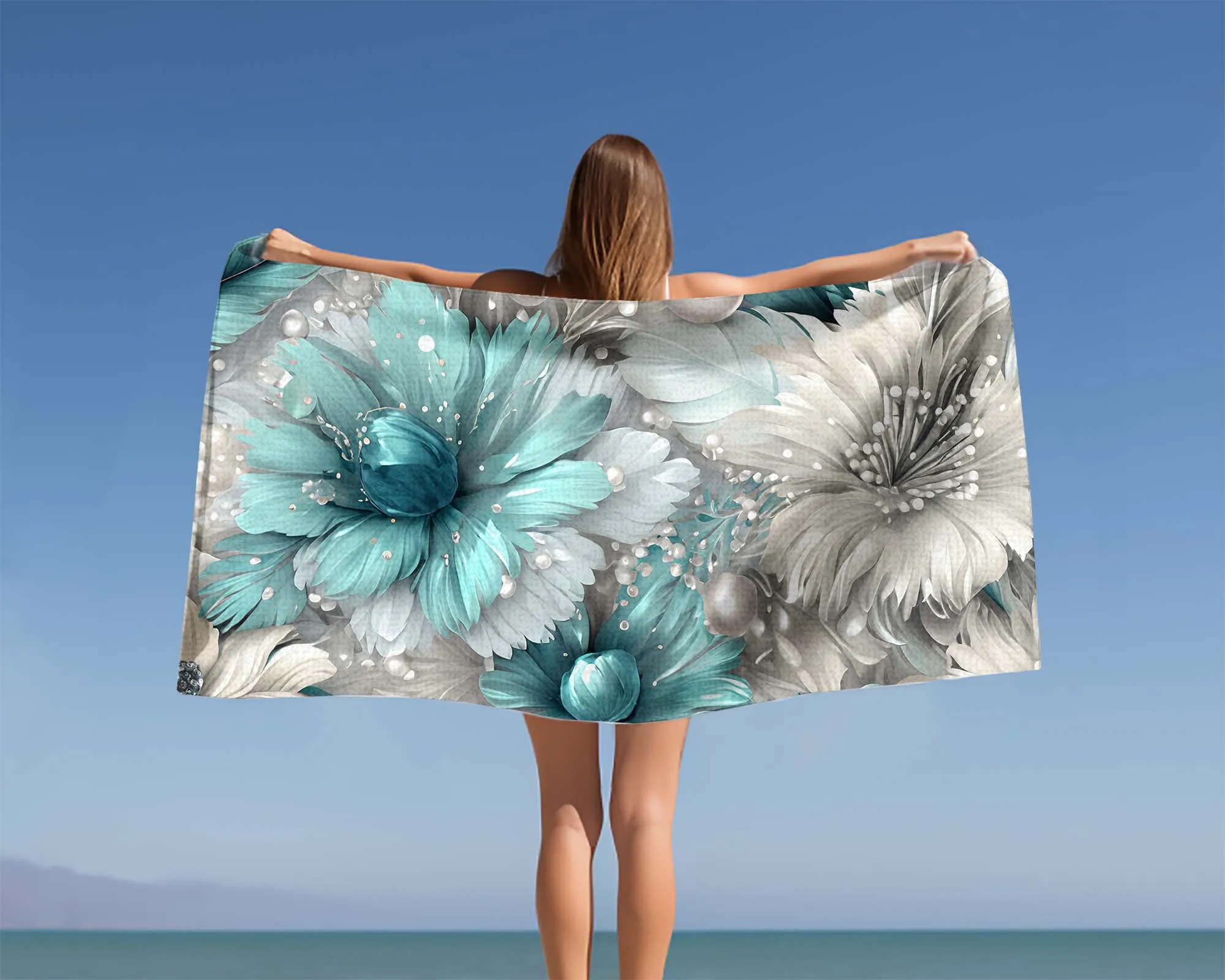 Beach Towel,  Turquoise Floral, Polycotton Towel