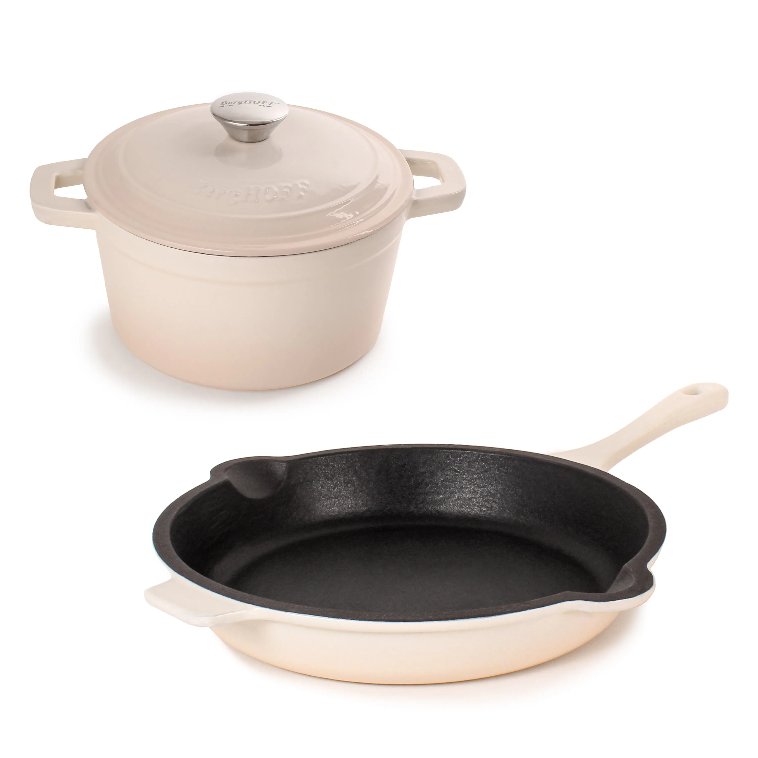 BergHOFF Neo 3pc Cast Iron Cookware Set, Fry Pan & Round Dutch Oven, Meringue