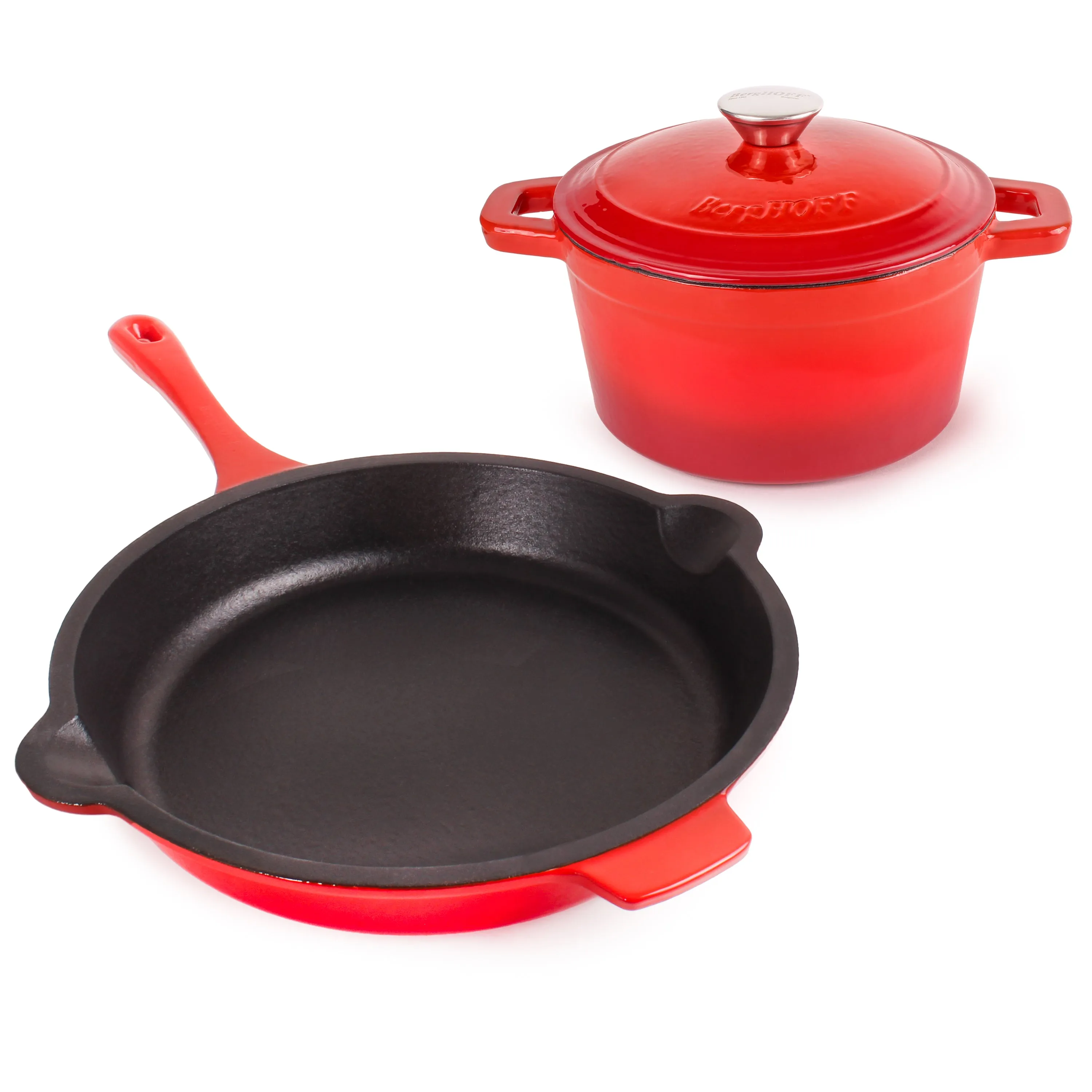 BergHOFF Neo 3pc Cast Iron Cookware Set, Fry Pan & Round Dutch Oven, Red