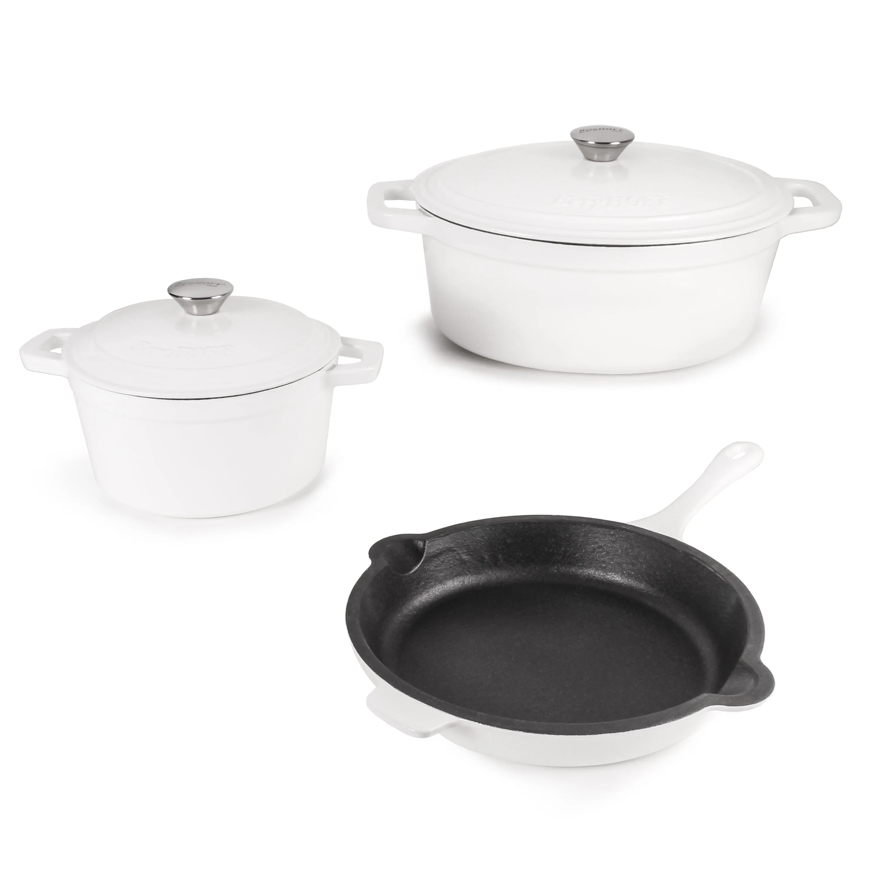 BergHOFF Neo 5pc Cast Iron Dutch Oven Set with 10" Fry Pan, 3qt. & 5qt., White