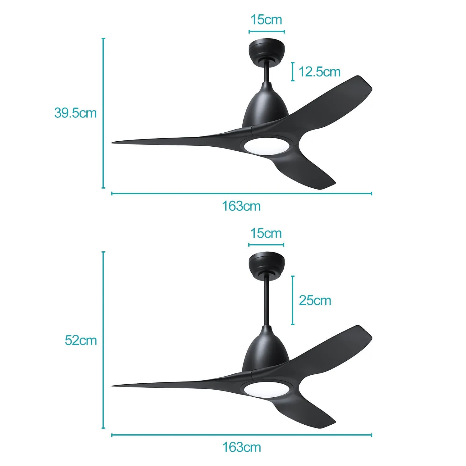 Black 1630mm With 3 Colors LED Light 3 Blades Ceiling Fan DC Motor